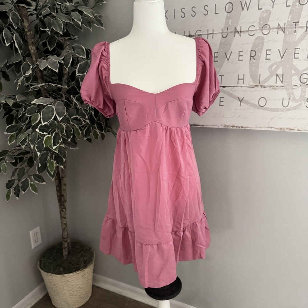 BELONGSCI Dress‎ Womens Small Pink Puff Sleeve Sweetheart Mini Smocked Back 2121